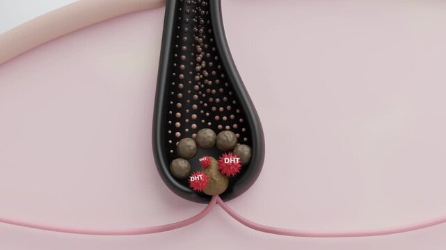 DHT hormone attacking hair root causing follicle miniaturization leading to hair loss and thinning 3D animation