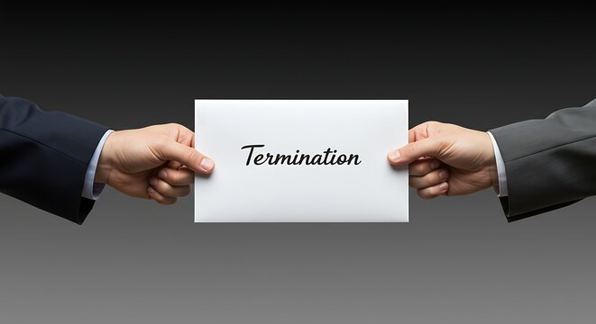 Business professionals exchanging termination notice in envelope, signaling end of employment or contract with impact, change, and difficult decisions ahead