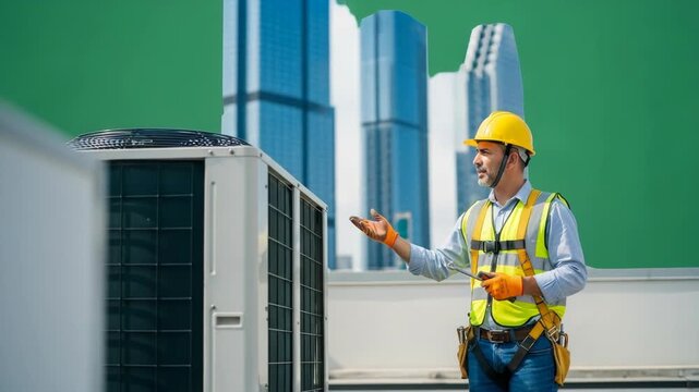Hvac technician working on rooftop air conditioning unit near buildings