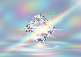 Sparkling diamond gem with rainbow aura radiates luxury and elegance, perfect for jewelry ads, financial promotions, or high-end product branding