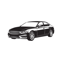 Luxury sedan car vector graphic. Modern automobile silhouette illustration. Black and white automotive vehicle icon for logo or decal, isolated on white background.
