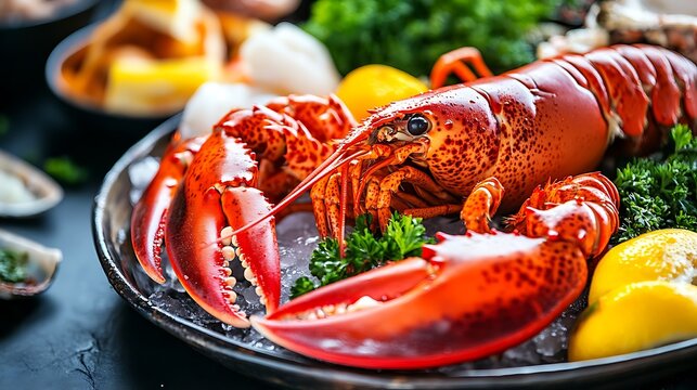 Shellfish plate of crustacean seafood with fresh lobster