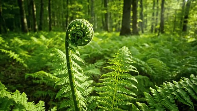 Time lapse of a Fiddlehead Fern Coiled Frond Slowly Unfurling Capturing the mesmerizing, organic growth process of a new fern frond, from its tightly coiled fiddlehead stage to fully expanded leaf.
