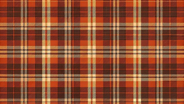 A vibrant plaid pattern featuring orange brown and beige interwoven lines