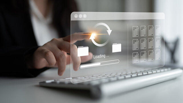 File synchronization or loading interface with progress bar, folders, and documents, symbolizing data backup, transfer, and system update Parse