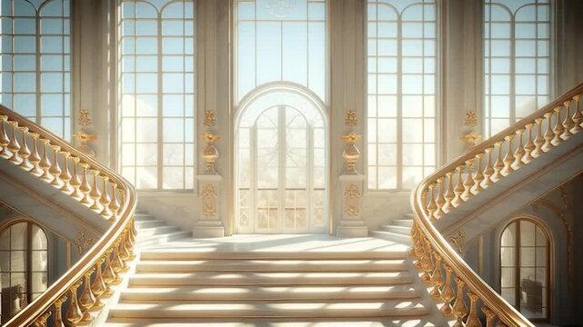Grand Staircase in a Luxurious Palace with Arched Windows and Golden Railings.