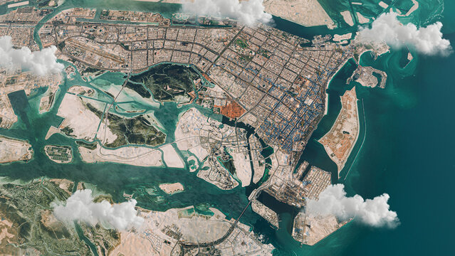 Abu Dhabi, UAE 3D Satellite Map with Clouds Above Coastal Peninsula