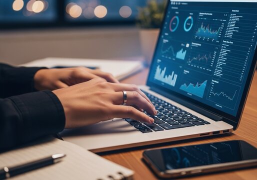 Analyzing financial data on a laptop with charts and graphs, showcasing business growth and modern technology in a professional setting.