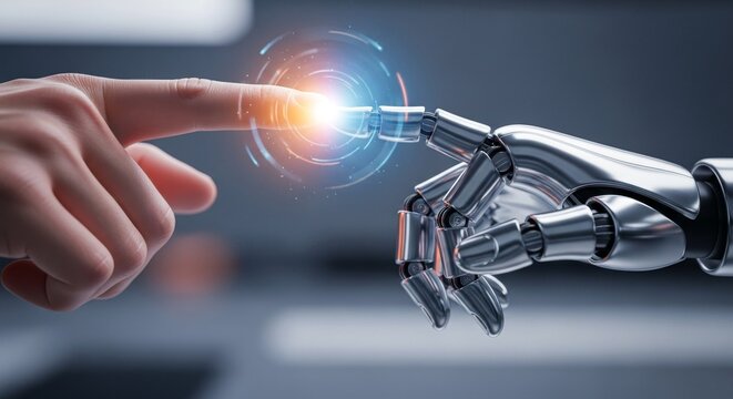Human finger touches futuristic interface controlled by robotic hand in modern laboratory, symbolizing technological advancement and collaboration between humans and machines.