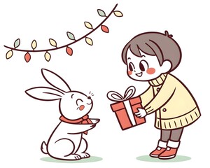 Boy giving a gift to a rabbit under a string of lights isolated on white background
