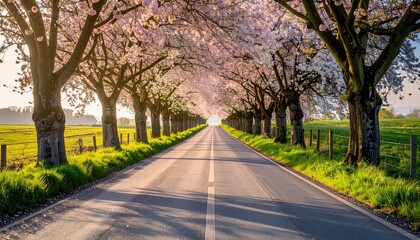 Naklejka premium A Straight Asphalt Road Lined With Blooming Cherry Blossom Trees During Golden Hour Creating A Tunnel Effect With Green Grass And Fallen Petals On The Ground