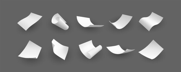 White paper flying, realistic paper sheet, curled page document blank, letter or note mockup floating in air vector set