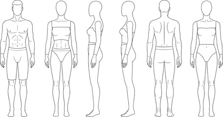 Male and female body template front back side view fashion figure outline sketch for clothing design illustration and anatomy reference.
