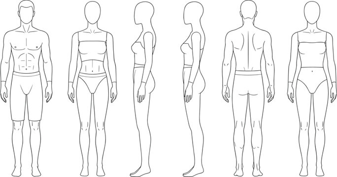 Male and female body template front back side view fashion figure outline sketch for clothing design illustration and anatomy reference.