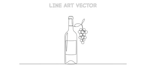 Wine bottle with bunch of grapes continuous one line drawing