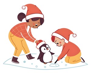 Two children are putting a santa hat on a penguin while playing on the ice isolated on white background