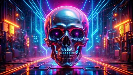 Neon skull immersed in a futuristic cityscape of glowing light streams