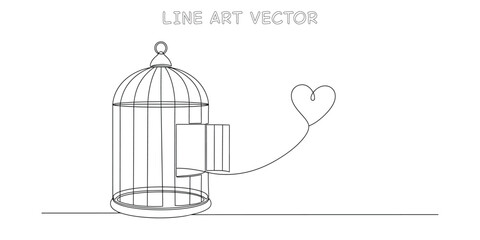 Empty birdcage with a heart balloon continuous line art drawing
