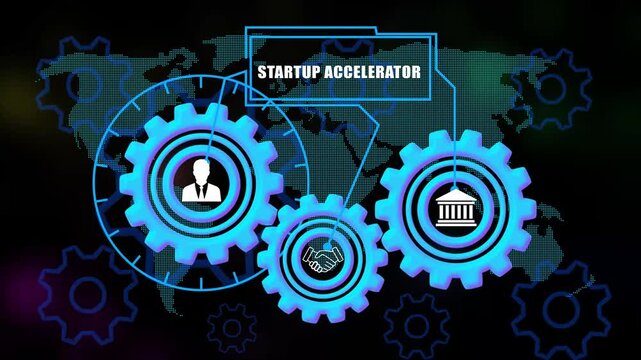  startup accelerator Concept Gears with Icons on world map Background