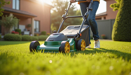  Person mowing green lawn in sunny garden