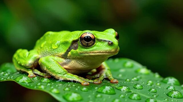 An extreme close up of a frog's large, reflective eye, revealing its complex iris patterns and the surrounding moist, textured skin of its head. Detailed biological study and natural wonder