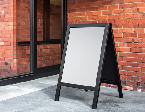 벽돌 건물 앞 인도 위에 놓인 블랙 프레임 A자 스탠드 보드 Black metal frame A-frame sandwich board standing on sidewalk in front of brick building