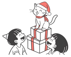 Two children are looking at a cat sitting on a stack of presents isolated on white background
