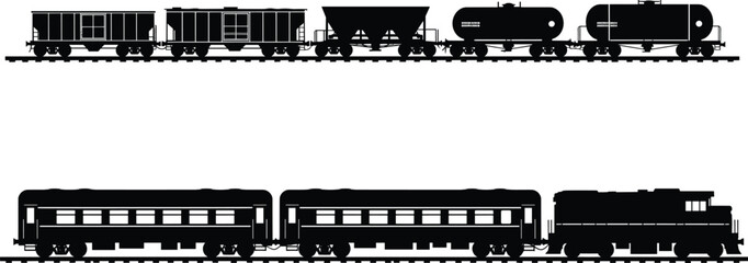 Electric locomotive with passenger and freight train silhouette vector illustration, railway transport design with tank wagons, cargo hoppers, and coaches isolated on white background © Goutom