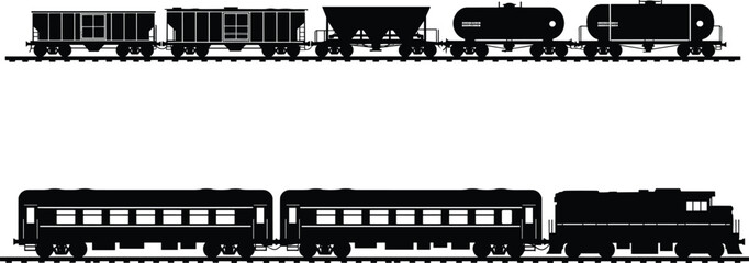 Freight and passenger train silhouette vector illustration, black locomotive with tank cars, cargo wagons, and coaches isolated on white background for transport design