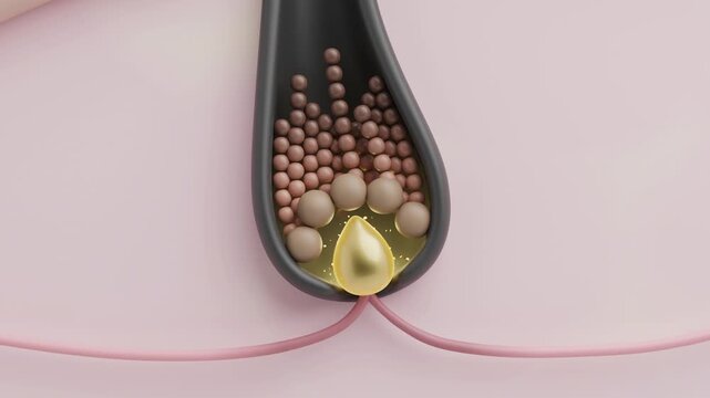 Hair serum stimulating dermal papilla to activate hair matrix cells for strong growth and regrowth 3D animation