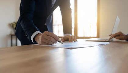 A man in a suit signs a document on a wooden desk with a laptop and papers in a bright office setting for money management.