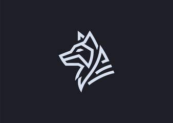 A geometric wolf logo with sharp angular lines and symmetry, representing loyalty and leadership, crafted in a modern minimalist vector design style