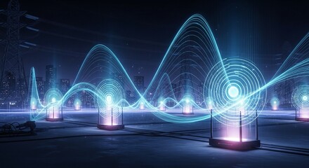 Futuristic energy network with glowing data streams over city skyline offering a cutting-edge solution for smart grids and sustainable power infrastructure