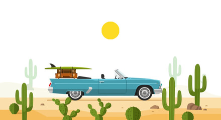 Vintage blue convertible car loaded with luggage and surfboard drives through desert landscape with cacti and bright yellow sun