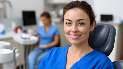 Smiling Female Dentist in Blue Scrubs with Patient in Background at Dental Clinic