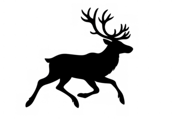 Black deer silhouette with large antlers running and jumping, depicting speed, freedom, and wildlife, transparent background