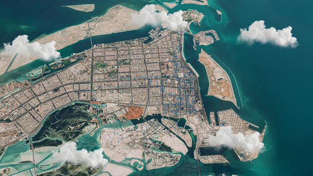 Abu Dhabi, UAE 3D Satellite Map with Clouds Over City and Islands