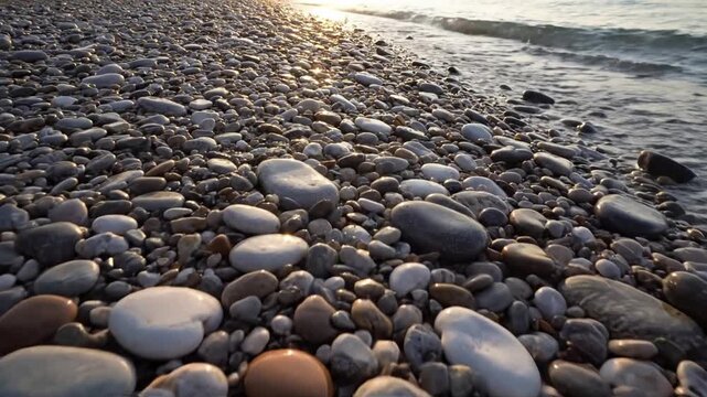 Aerial or wide shot capturing an expansive natural arrangement of countless pebbles and small stones on a serene beach or riverbank, forming intricate, organic patterns and abstract compositions.