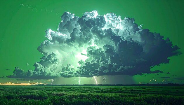 A vibrant thunderstorm erupts above a verdant field, illuminating the sky with flashes of lightning against a surreal green backdrop
