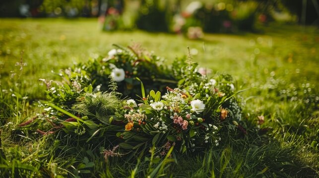 Floral wreath lying in green grass ground level view nature celebration event decoration spring summer
