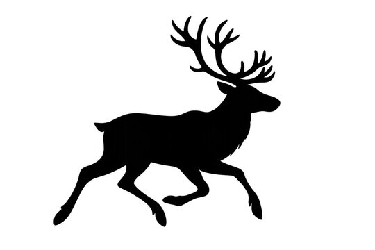 Black deer silhouette with large antlers running and jumping, depicting speed, freedom, and wildlife, transparent background
