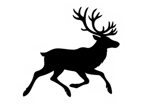 Black deer silhouette with large antlers running and jumping, depicting speed, freedom, and wildlife, transparent background