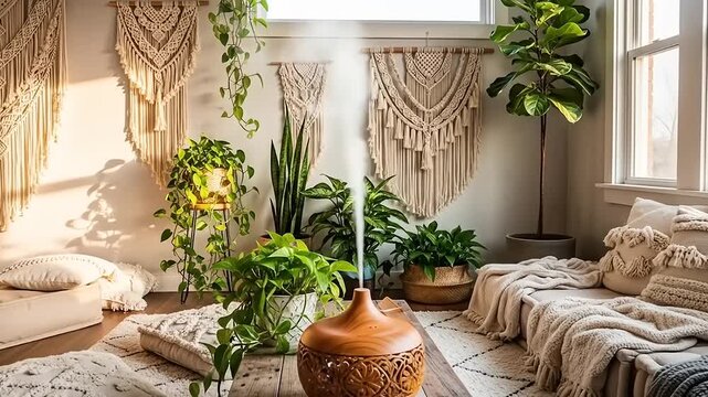 Bohemian Oasis - A Tranquil Living Room with Plants and Macrame.