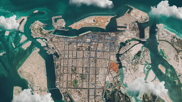 Abu Dhabi, UAE 3D Satellite Map with Clouds Over Central Islands