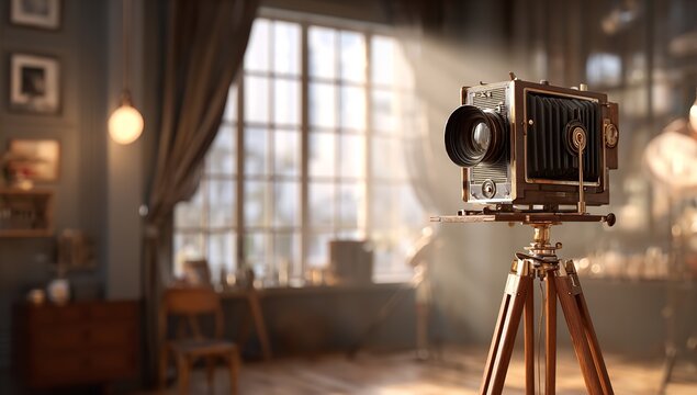 Vintage camera poised on tripod, ready to capture timeless memories in a sunlit studio evoking nostalgia and a sense of artistry and photographic history