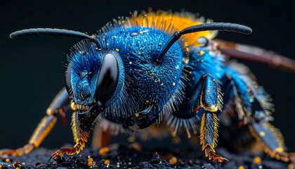 Close-up macro of a colorful bee with intricate details and a textured exoskeleton. The insect exhibits vibrant blues, yellows and orange hues against a dark, contrasting backdrop