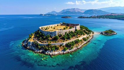 Ancient Stone Castle Fortress on a Small Island in the Bright Blue Sea on a Sunny Day with Green Trees and Distant Mountains Under a Clear Sky
