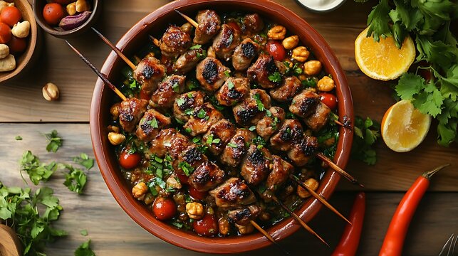 Shish baraka with nuts served in a dish on wooden table