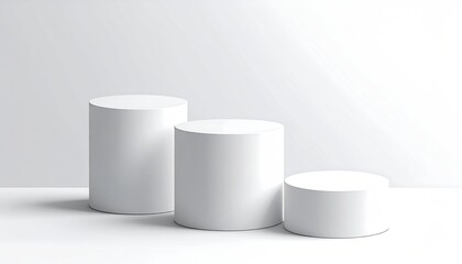 Three white cylinders, varying height, against a white backdrop