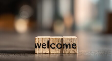 Warm welcome message spelled out with wooden blocks, inviting and professional for business greeting and friendly reception areas
